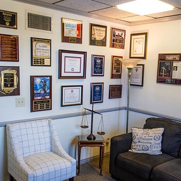 Photo of awards in office of attorney Michael A. Scafiddi
